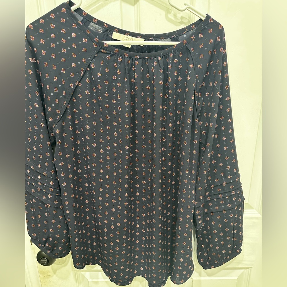LOFT Navy Long-Sleeve Floral-Print Peasant Top